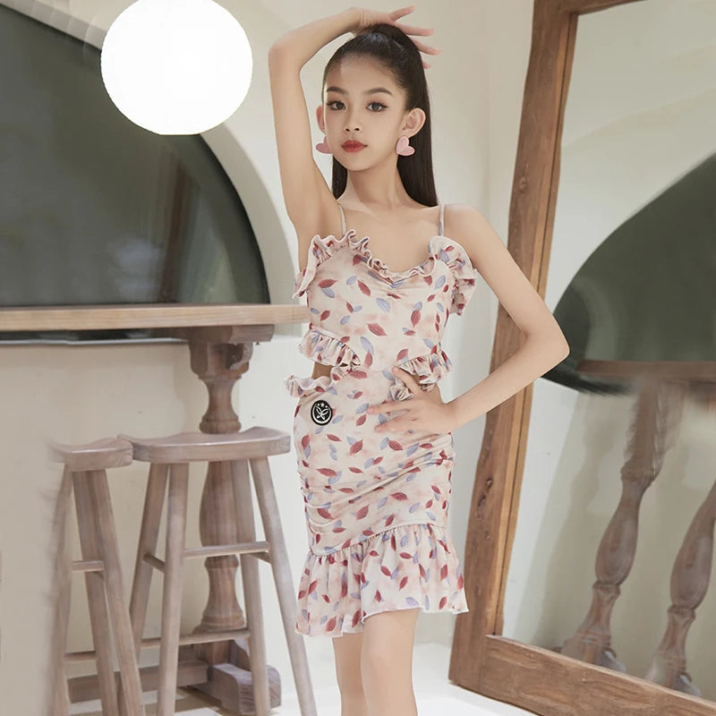 Girls' Beige Leaf Print Ruffled Two-Piece Latin Dance Dress