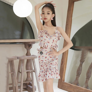 Girls' Beige Leaf Print Ruffled Two-Piece Latin Dance Dress