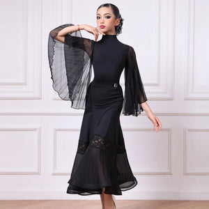 Women's Black Ballroom Dance Dress with Pleated Chiffon Sleeves and Lace Hem