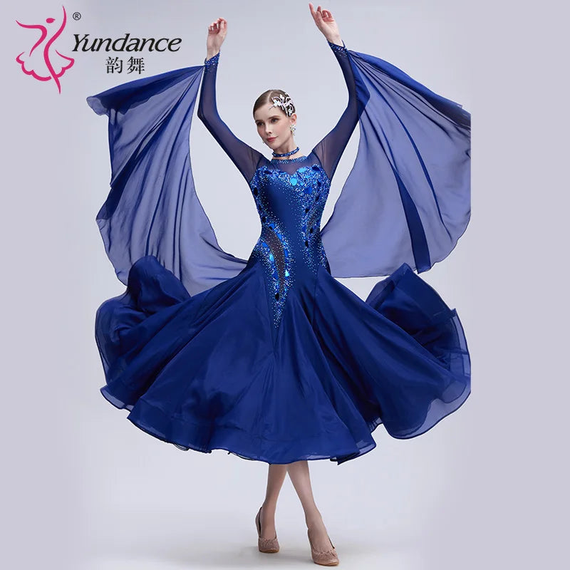 Adult Standard Ballroom Dance Dress Rhinestone Embellished Chiffon Long Gown For Performance