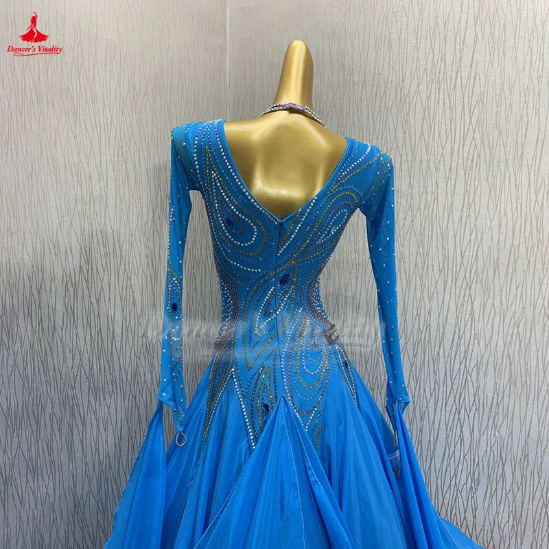 Blue Long Sleeve Waltz Professional Big Swing Dresses Customized Adult Ballroom Dance Foxtrot Tango Contest Attire