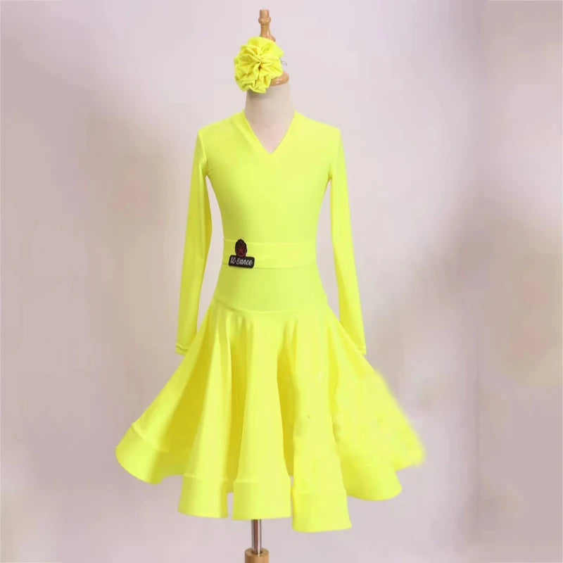 Girls Ballroom Dance Dress Red, Pink, Green, Yellow, Lime Green, Purple Long Sleeve V-Neck Competition Costume