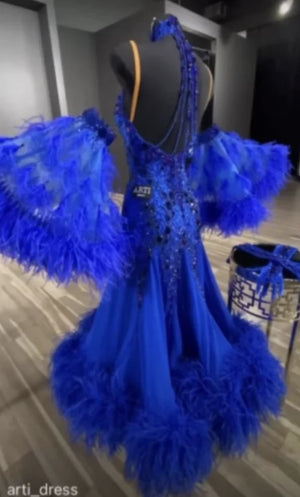 Ballroom Dance Dress Women's Royal Blue Sequin Feather Embellished Tulle Gown