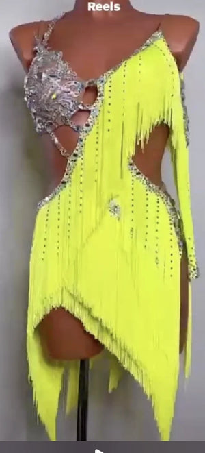 Latin Ballroom Dance Dress, Women's Neon Yellow Fringe and Rhinestone Halter Neck Performance Dress