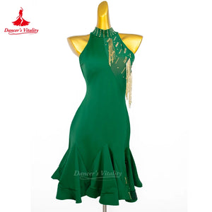 Women's Green Halter Sequin Fringe Latin Dance Dress
