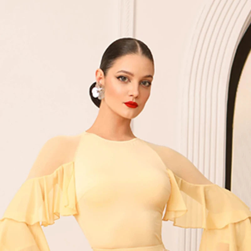 Ballroom Dance Dress Women's Yellow Mesh Ruffle Sleeve Asymmetrical Skirt, Ballroom Dance Dress Women's Black Mesh Ruffle Sleeve Asymmetrical Skirt