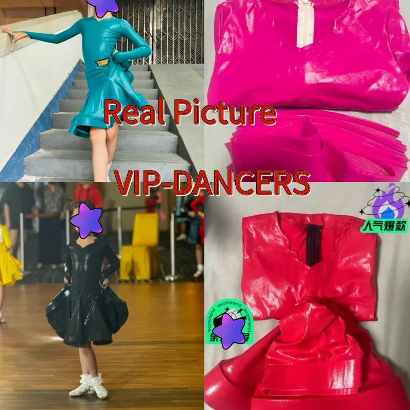 Girls' Latin Dance Dress, Patent Leather, Long Sleeve, V-Neck, Ballroom & Latin Dance