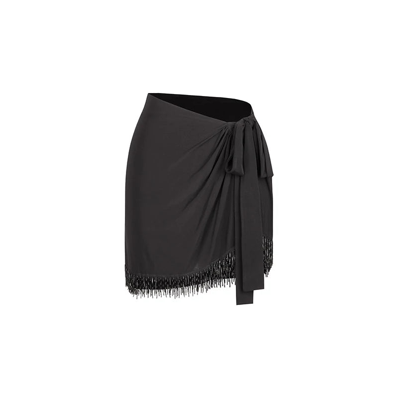 Women's Olive Green Long Sleeve Cutout Bodysuit with Gold Buckle, White Fringe Tie-Waist Skirt, Latin Dancewear