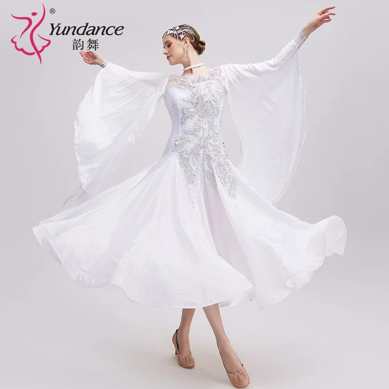 Women's Ballroom Dance Competition Dress In White Pearl Silk For Performance