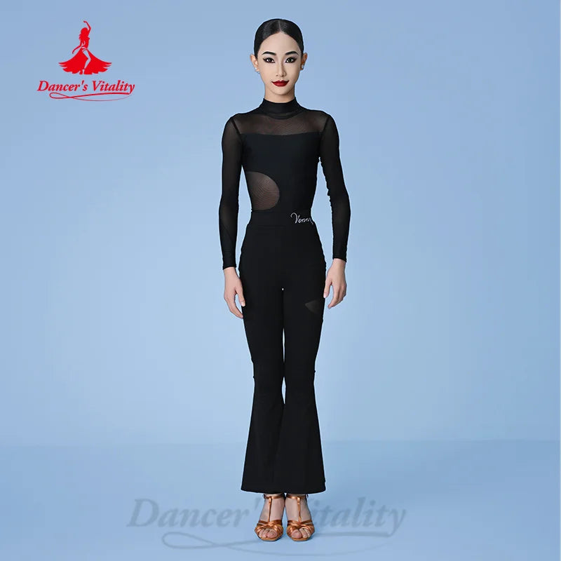 Women's Black Mesh Long Sleeve Mock Neck Leotard with Cutouts and Flared Pants, Latin Dance