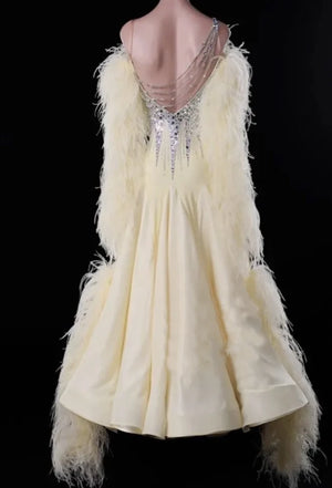 Ballroom Dance Dress Women's Ivory Rhinestone & Feather Embellished Standard Smooth Gown