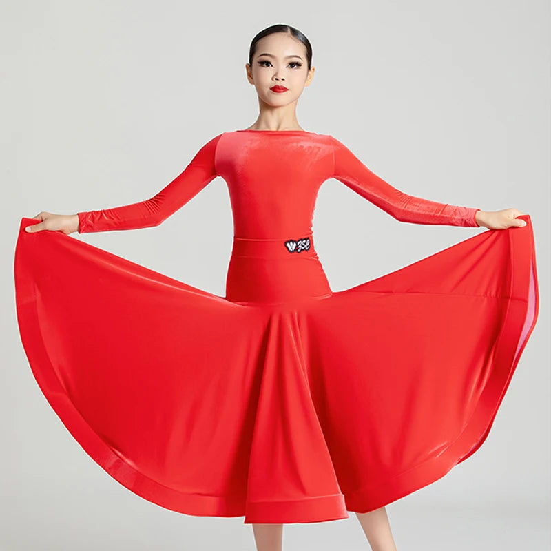 Girls' Velvet Long Sleeve Leotard & Skirt Set, Ballroom Latin Dance Costume