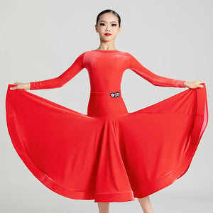 Girls' Velvet Long Sleeve Leotard & Skirt Set, Ballroom Latin Dance Costume