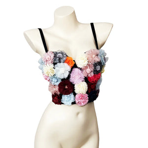 Floral Appliqué Sweetheart Bustier Top for Women, White with Multicolor Fabric Flowers, Strappy, Dancing Apparel