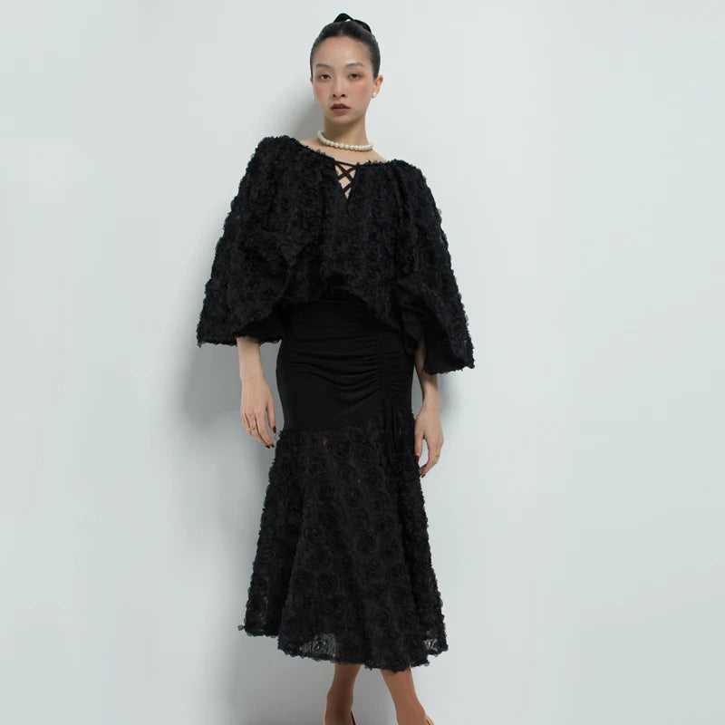 Women's Black Ruffled V-Neck Top and Ruched Ruffle Hem Skirt Latin Dance Dress