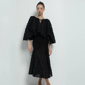 Women's Black Ruffled V-Neck Top and Ruched Ruffle Hem Skirt Latin Dance Dress