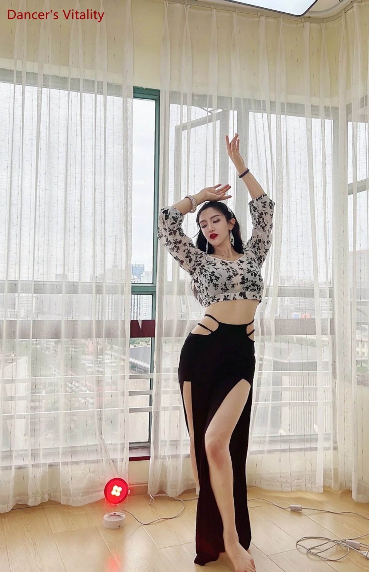 Belly Dance Outfit, Women's Black & White Floral Chiffon Crop Top & High-Slit Skirt, Modern Belly Dance Costume