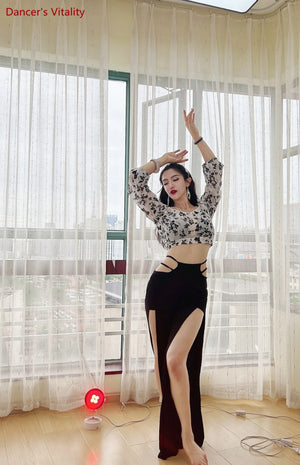 Belly Dance Outfit, Women's Black & White Floral Chiffon Crop Top & High-Slit Skirt, Modern Belly Dance Costume