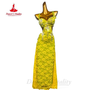 Latin Dance Dress Women's Neon Green Lace Beaded Fringe Backless Slit Salsa Rumba Tango Performance Gown