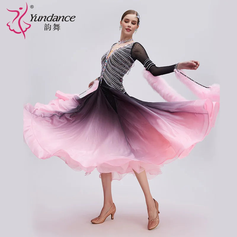 Women's International Standard Ballroom Dance Dress Pearl-Embellished Silk Black-Pink Gradient Competition
