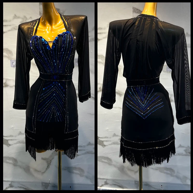 Women's Black & Blue Sequin Fringe Ballroom Latin Dance Dress with Sheer Sleeves
