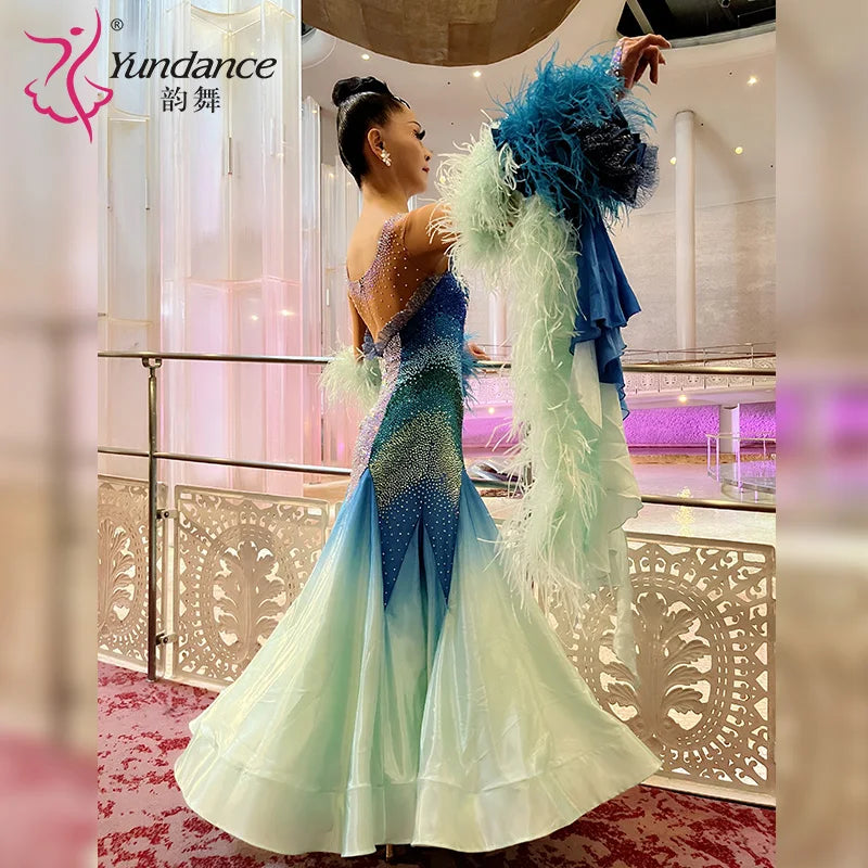 Women's Competition Ballroom Dance Dress With Feather Trim For Performance