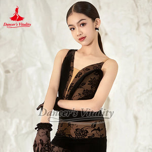 Women's Black Velvet & Lace Mesh Latin Dance Dress with Ruffled Hem