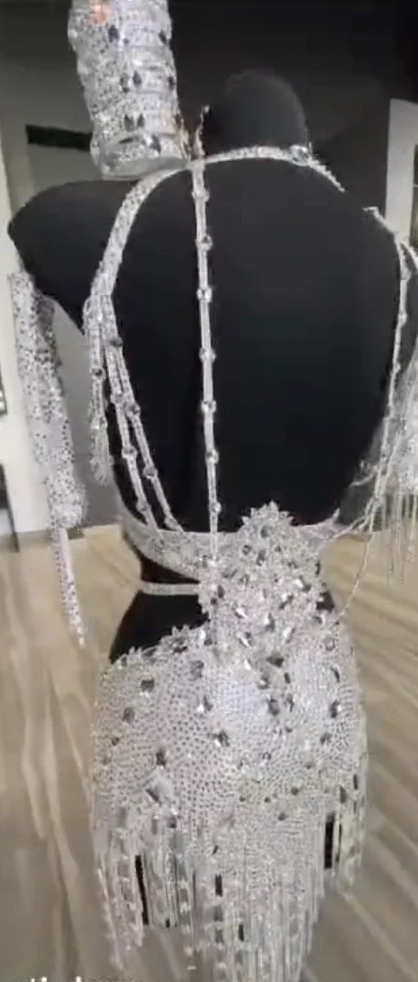 Women's Silver Sequin & Fringe Latin Dance Dress with Cut-Out Details