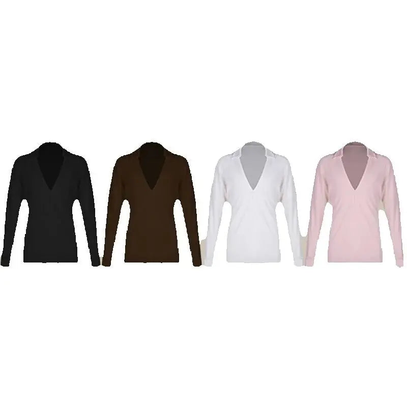 Men's Long Sleeve Deep V-Neck Dance Shirt, Black/Pink/Cream/Brown, Polyester/Spandex Blend, Latin/Ballroom Dance