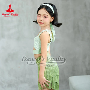 Girls' Light Green Cut-Out Ruffled Crop Top & Fringe Skirt Latin Dance Costume