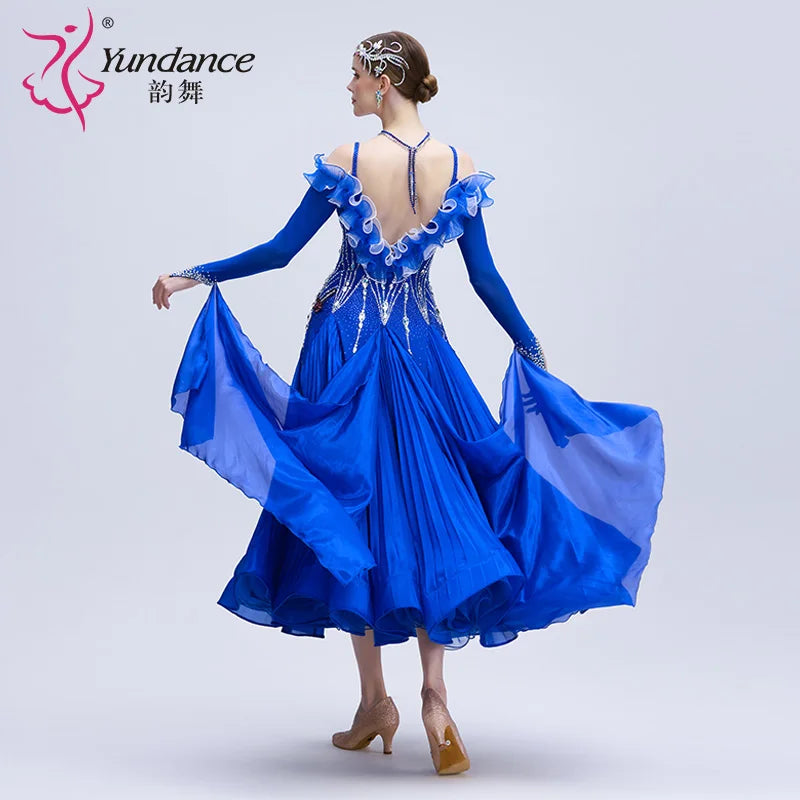 Women's Long Standard Ballroom Dance Dress With Rhinestones In Pleated Fabric For Performance