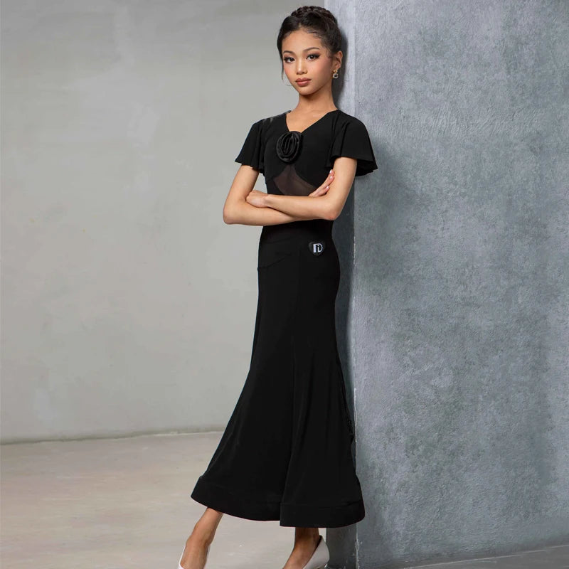 Women's Black Mesh & Ruffle Sleeve Ballroom Dance Dress with Floral Applique