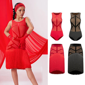 Women's Red Latin Dance Dress with Fringe Skirt & Mesh Bodice