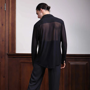 Men's Black Sheer Mesh Long Sleeve Button-Down Dance Shirt for Ballroom