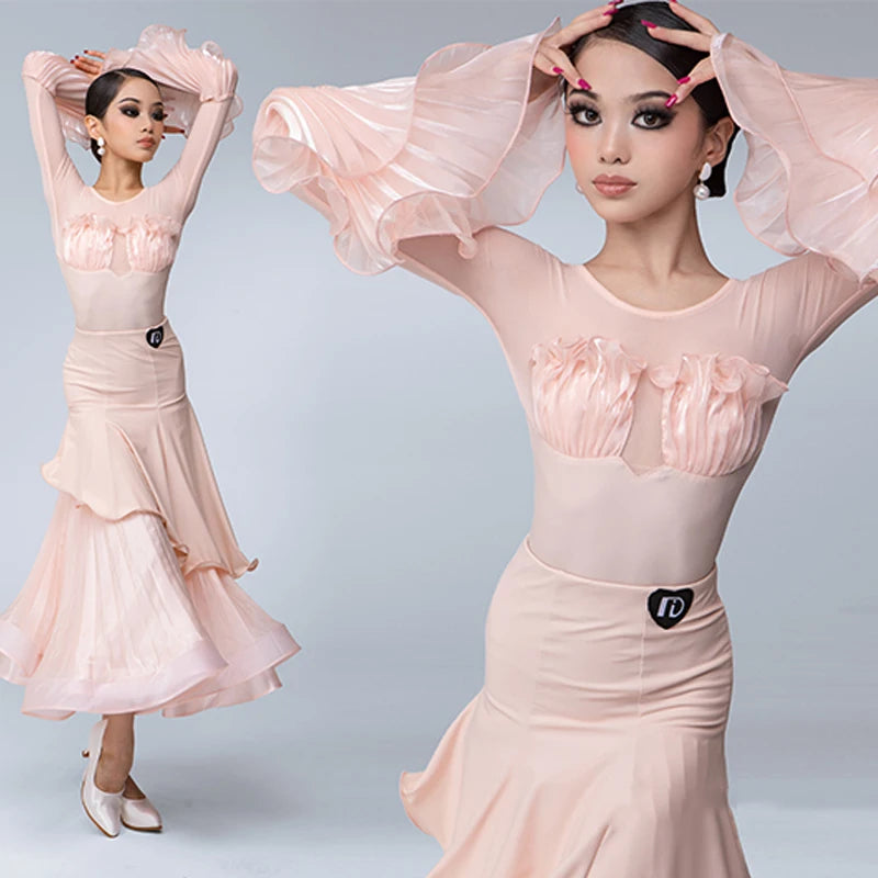 Women's Peach Ruffled Mesh Long Sleeve Ballroom Dance Dress with Layered Skirt