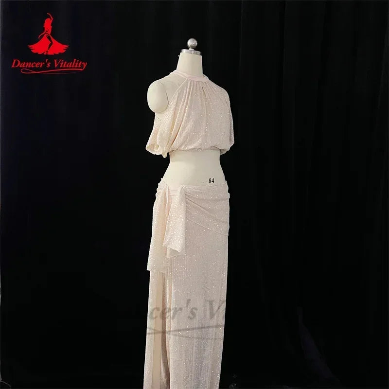 Belly Dance Costume, Women's, Lavender Sequin Halter Crop Top and Draped Slit Maxi Skirt, Performance Wear