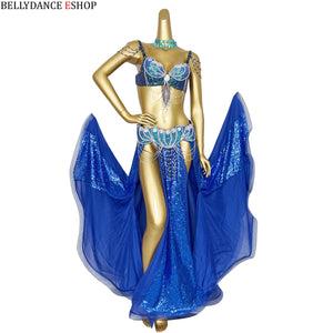 Belly Dance Costume Women Blue Sequin Chiffon Bra Belt Skirt Set with Shoulder Chains and Rhinestone Choker for Belly Dancing