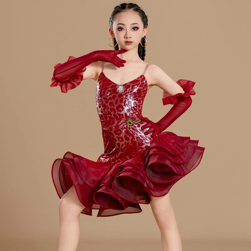 Latin Dance Dress Girls Red Leopard Print Ruffled Sleeveless Spandex Ballroom Costume, Latin Dance Dress Girls Blue Leopard Print Ruffled Sleeveless Spandex Ballroom Costume