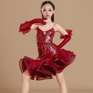 Latin Dance Dress Girls Red Leopard Print Ruffled Sleeveless Spandex Ballroom Costume, Latin Dance Dress Girls Blue Leopard Print Ruffled Sleeveless Spandex Ballroom Costume