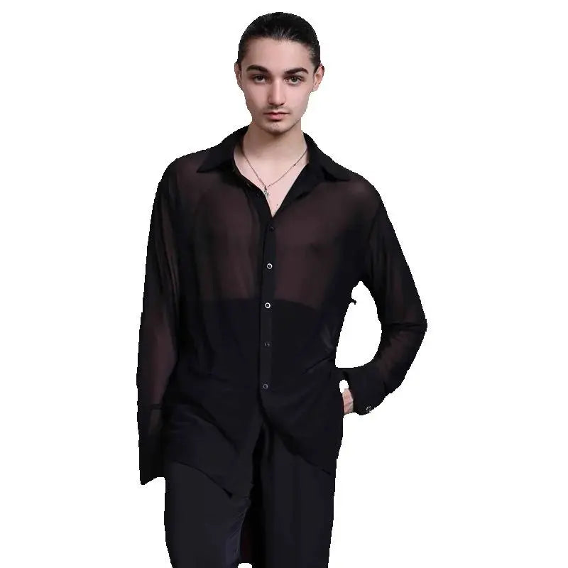 Men's Black Sheer Mesh Long Sleeve Button-Down Dance Shirt for Ballroom