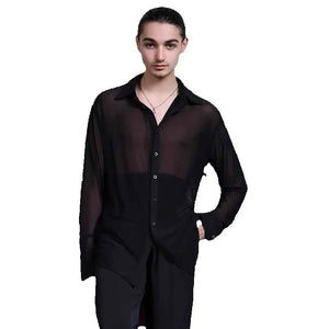 Men's Black Sheer Mesh Long Sleeve Button-Down Dance Shirt for Ballroom