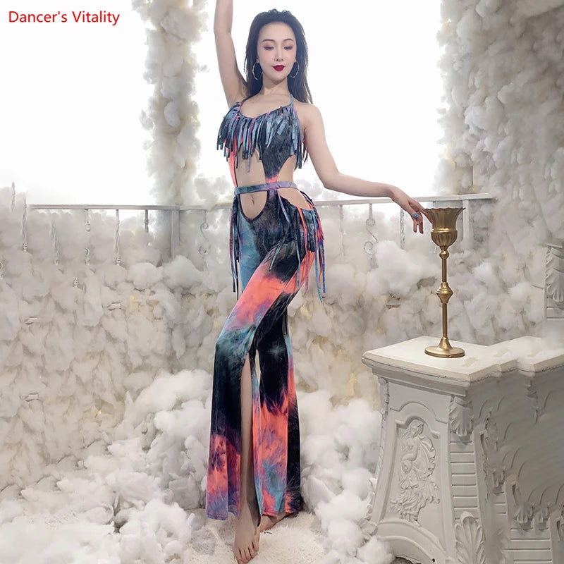 Women's Yellow Fringe Cutout Jumpsuit with Sheer Sleeves, Belly Dance Costume