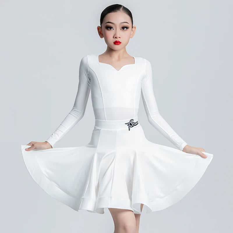 Girls Latin Dance Dress, Brown Red Black White Faux Leather Long Sleeve Skirt