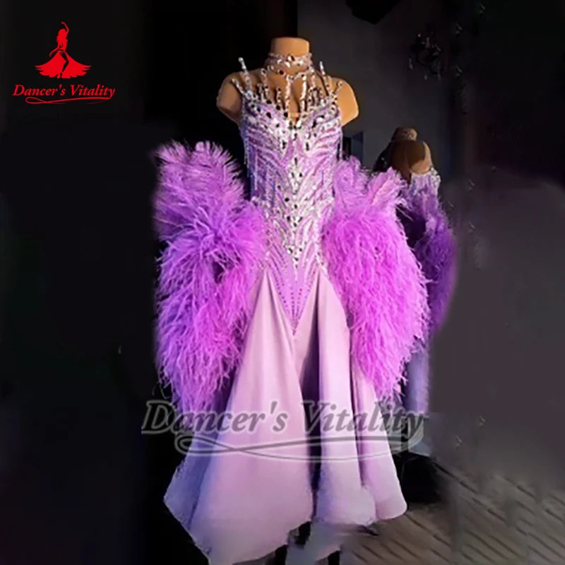 Ballroom Dance Purple Sexy Sleeveless Backless Professional Graceful Dress Dancer's Vitality Adult Foxtrot Feather Style Outfit