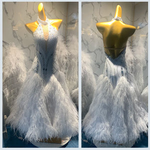 Ballroom Dance Dress Women's White Ostrich Feather Rhinestone Halter Neck Gown