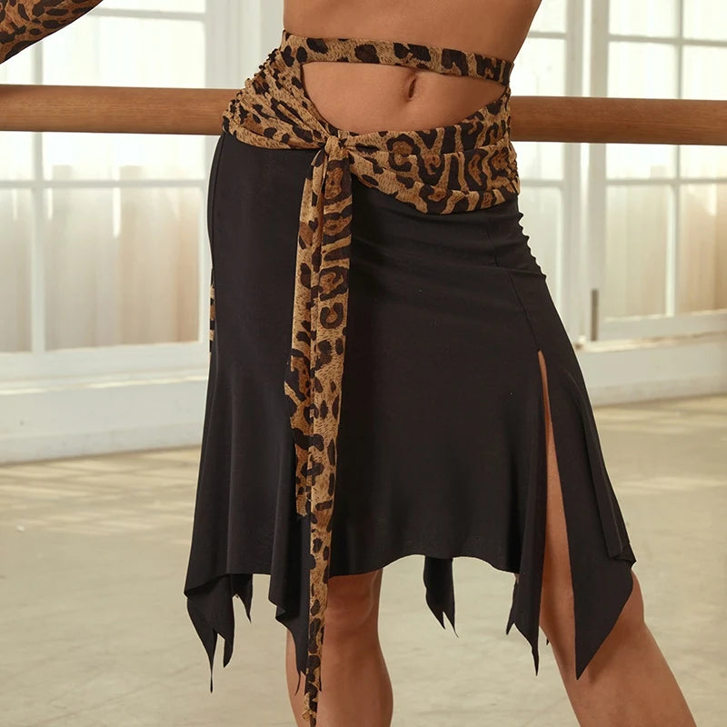 Women's Black & Leopard Print Halter Crop Top & Asymmetrical Skirt Latin Dancewear Set, Ruched V-Neck, Tie-Waist