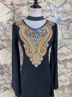 Women's Black Embellished Long Sleeve Glitter Mermaid Ballroom Dance Dress