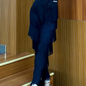 Dance Jumpsuit Women's Red Halter Fringe Latin Dance Bodysuit with Pants, Black Halter Fringe Latin Dance Bodysuit with Pants, Blue Halter Fringe Latin Dance Bodysuit with Pants