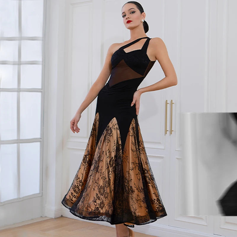 Ballroom Dress Women's Black and Gold Lace Mesh One Shoulder Asymmetrical Hem Standard Dance