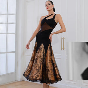 Ballroom Dress Women's Black and Gold Lace Mesh One Shoulder Asymmetrical Hem Standard Dance